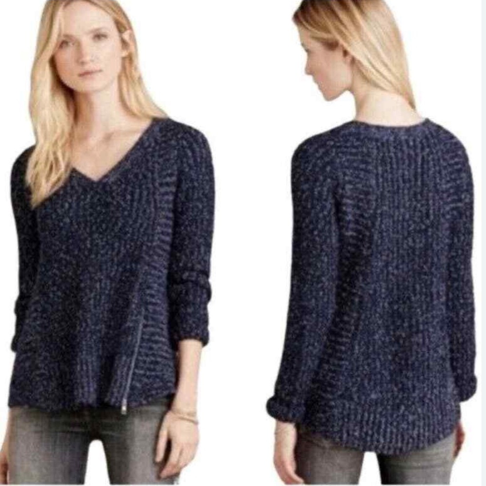 Anthropologie MOTH Marled Knit Navy Wool Blend Zipper Hem Detail V-neck Sweater